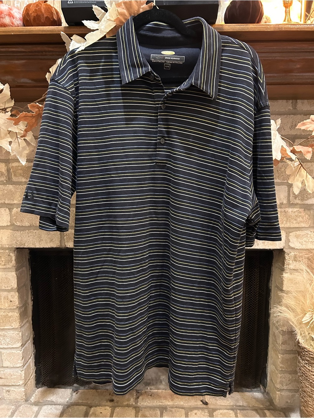Greg Norman Collection Navy Polo with Light Green and White Stripes EUC